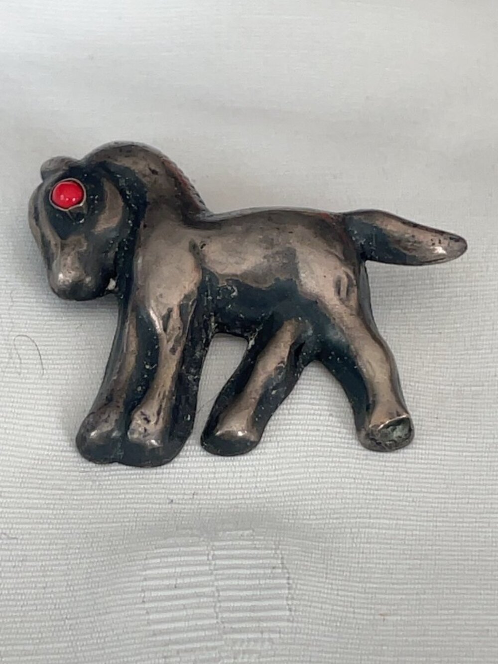 Vintage Mexico Horse Pony Brooch Pendant Red Cabochon Eye